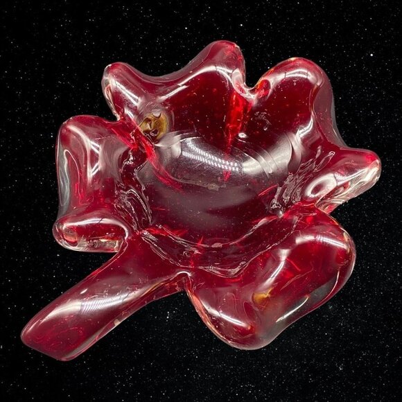 Murano Glass Ruby Red Leaf Shaped Bullicante Bubble Thick Trinket Dish 2”T 7”W - Picture 3 of 12